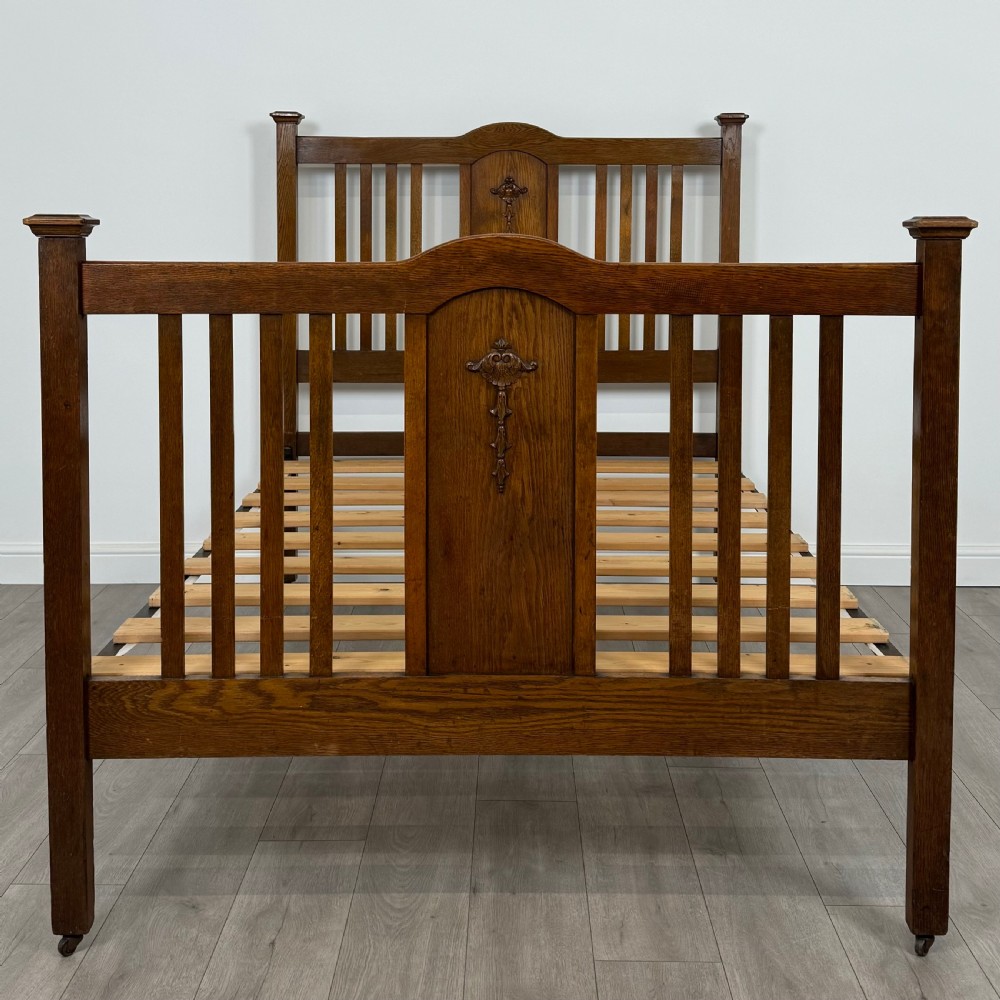 Antique 20th Century Art Nouveau Style Double Bed In Oak View III