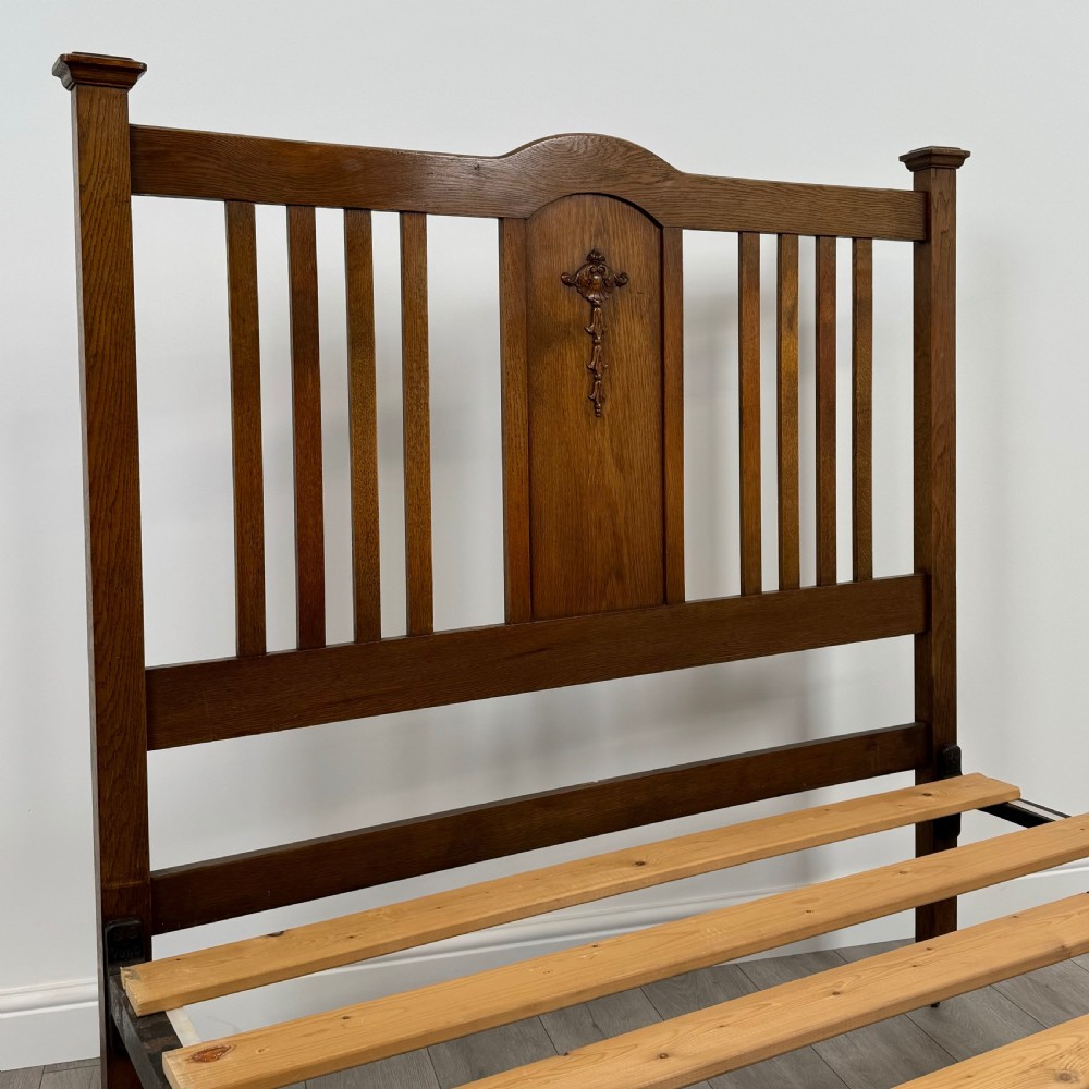 Antique 20th Century Art Nouveau Style Double Bed In Oak View V