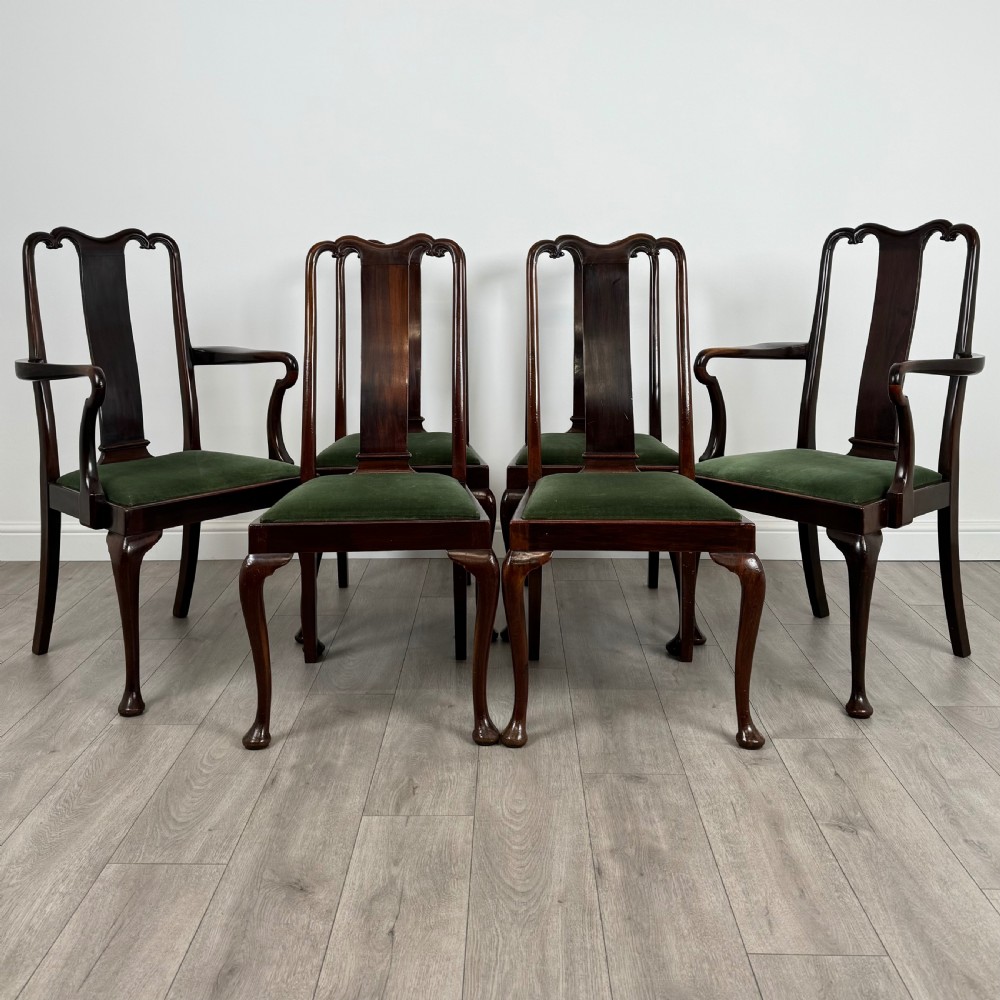  Antique 20th Century Set Of 6 Queen Anne Style Dining Chairs