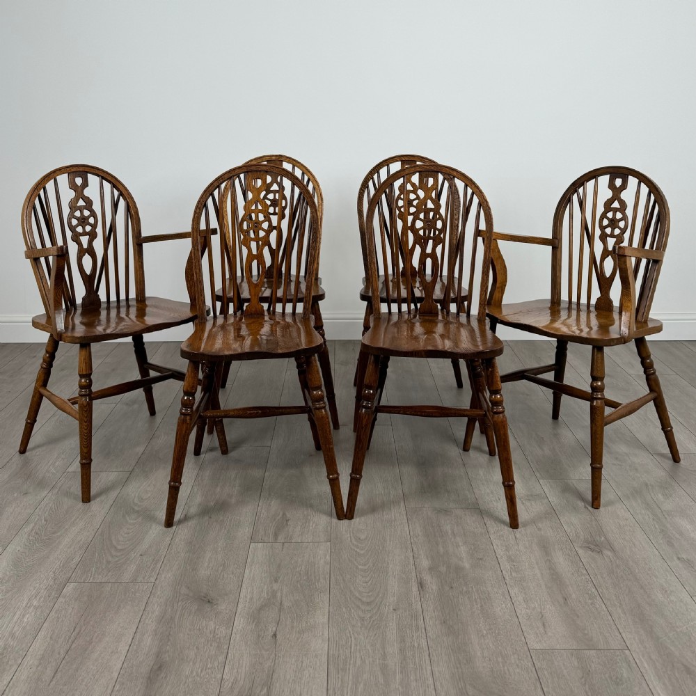 Antique 20th Century Set Of 6 Oak Wheelback Dining Chair’s 