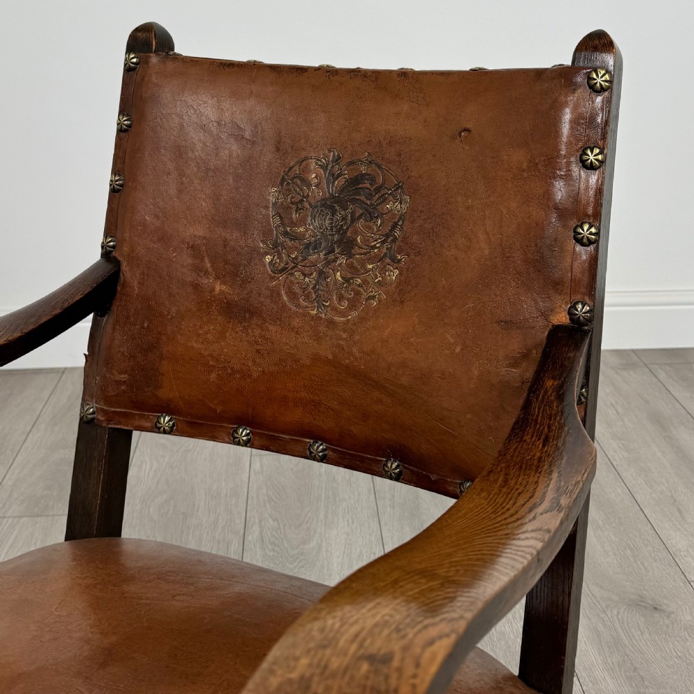 Antique 20th Century Unique Leather Armchair In Oak  View IX