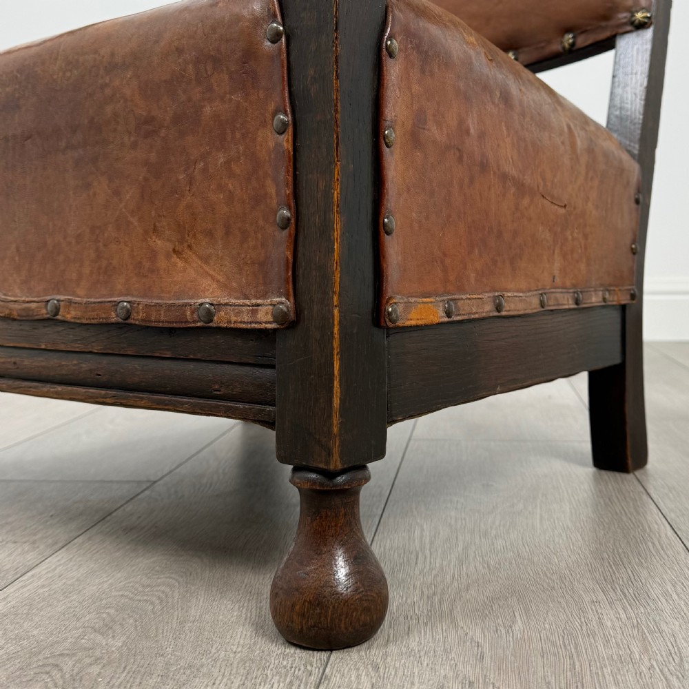 Antique 20th Century Unique Leather Armchair In Oak  View XII
