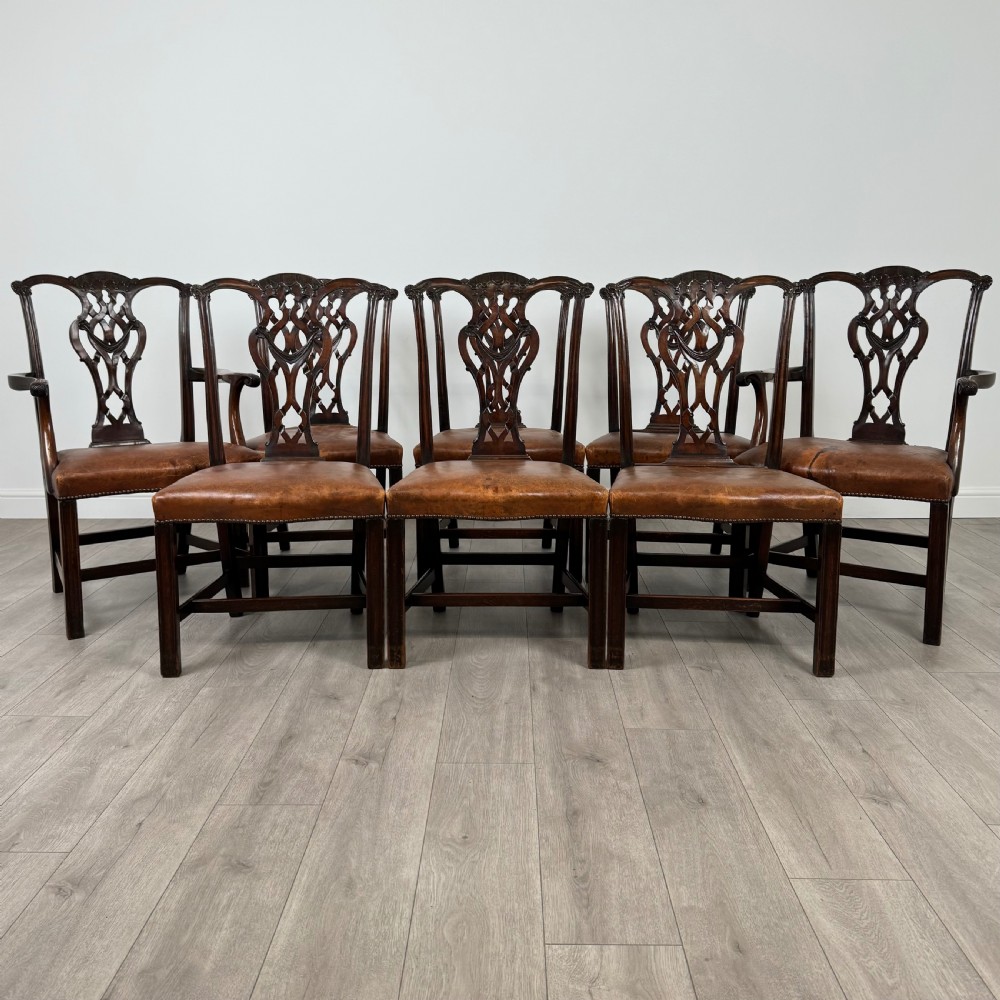  Antique 19th Century Set Of 8 Chippendale Style Dining Chairs 