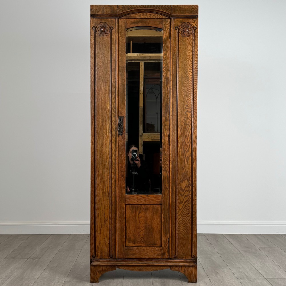 Antique 20th Century Art Nouveau Style Oak Wardrobe 