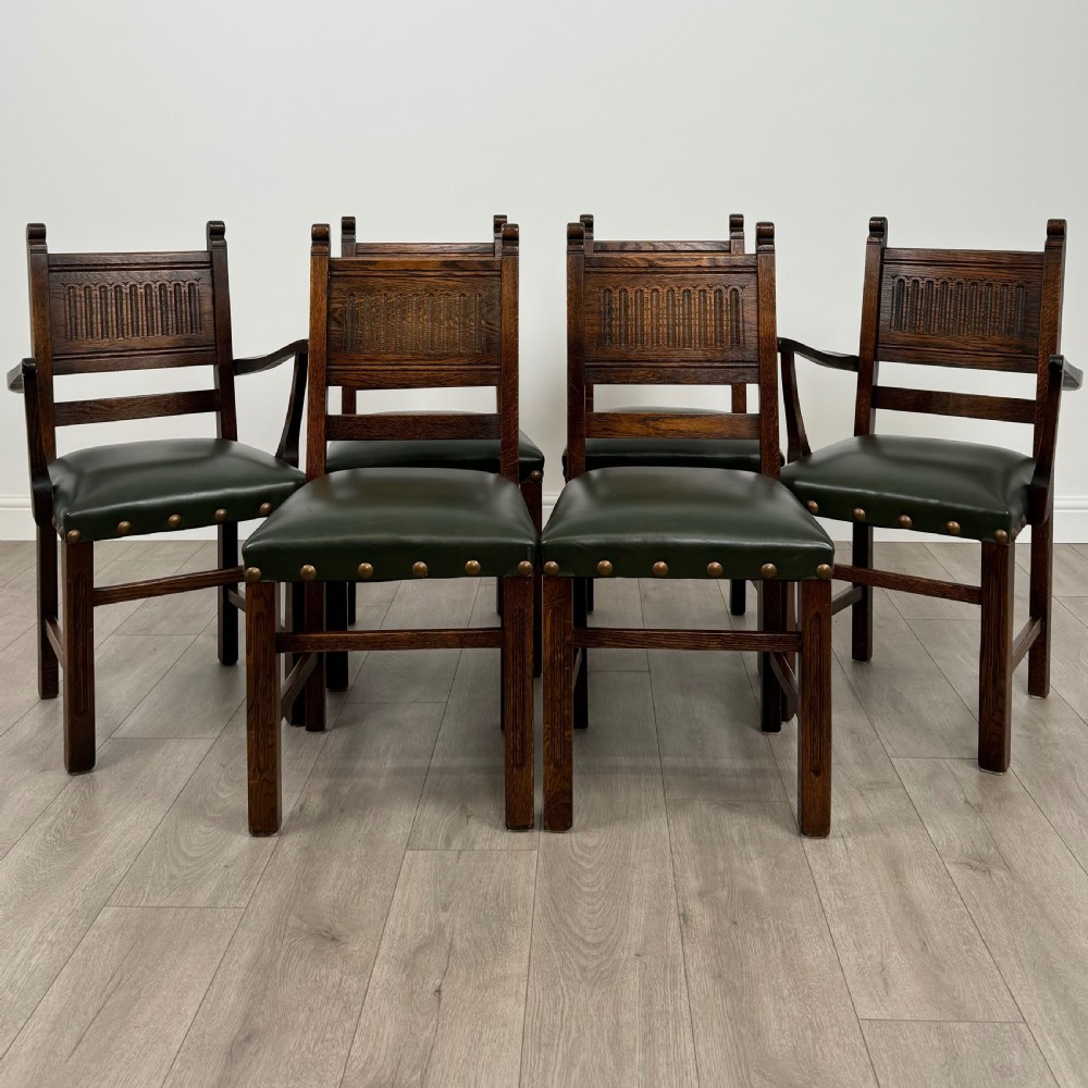 Antique 20th Century Set Of 6 Linenfold Dining Chairs In Oak 