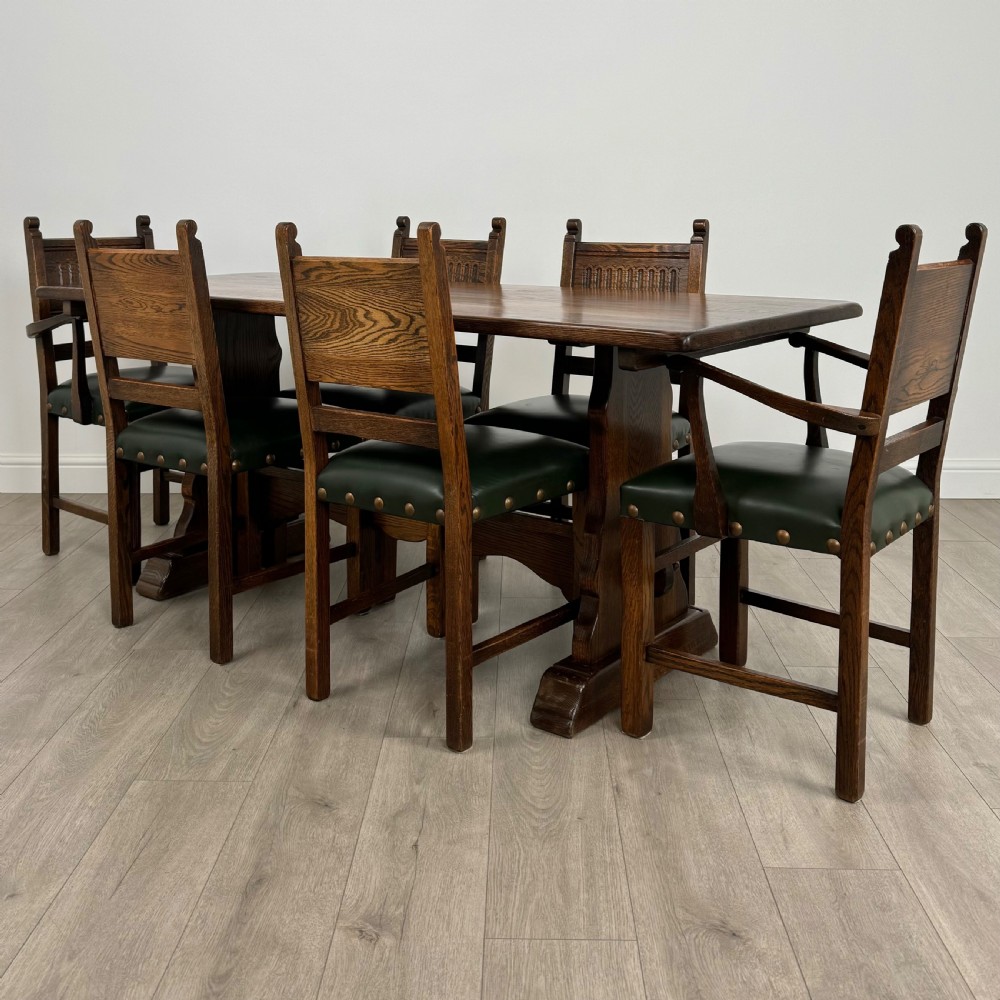  Antique 20th Century Oak Dining Table Set With 6 Dining Chairs 