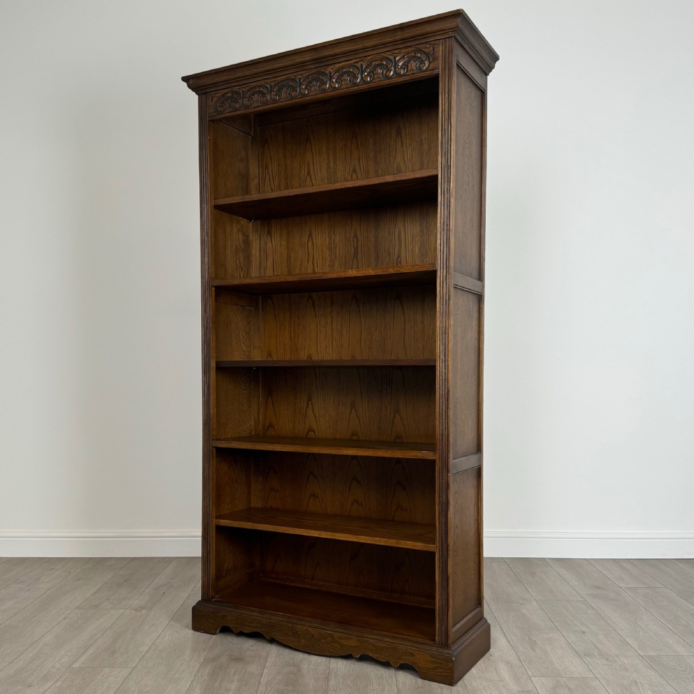 Antique 20th Century Carved Open Bookcase In Oak  View II