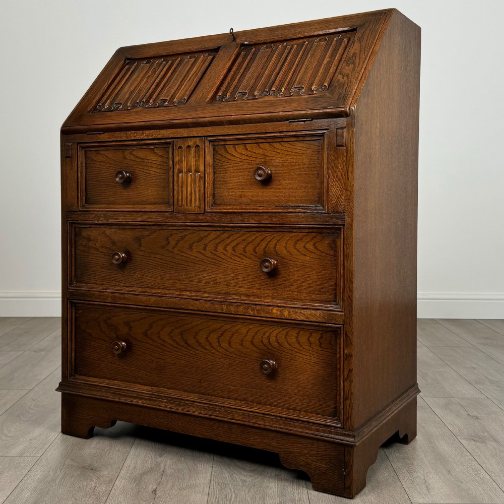 Antique 20th Century Linenfold Bureau In Oak  View III