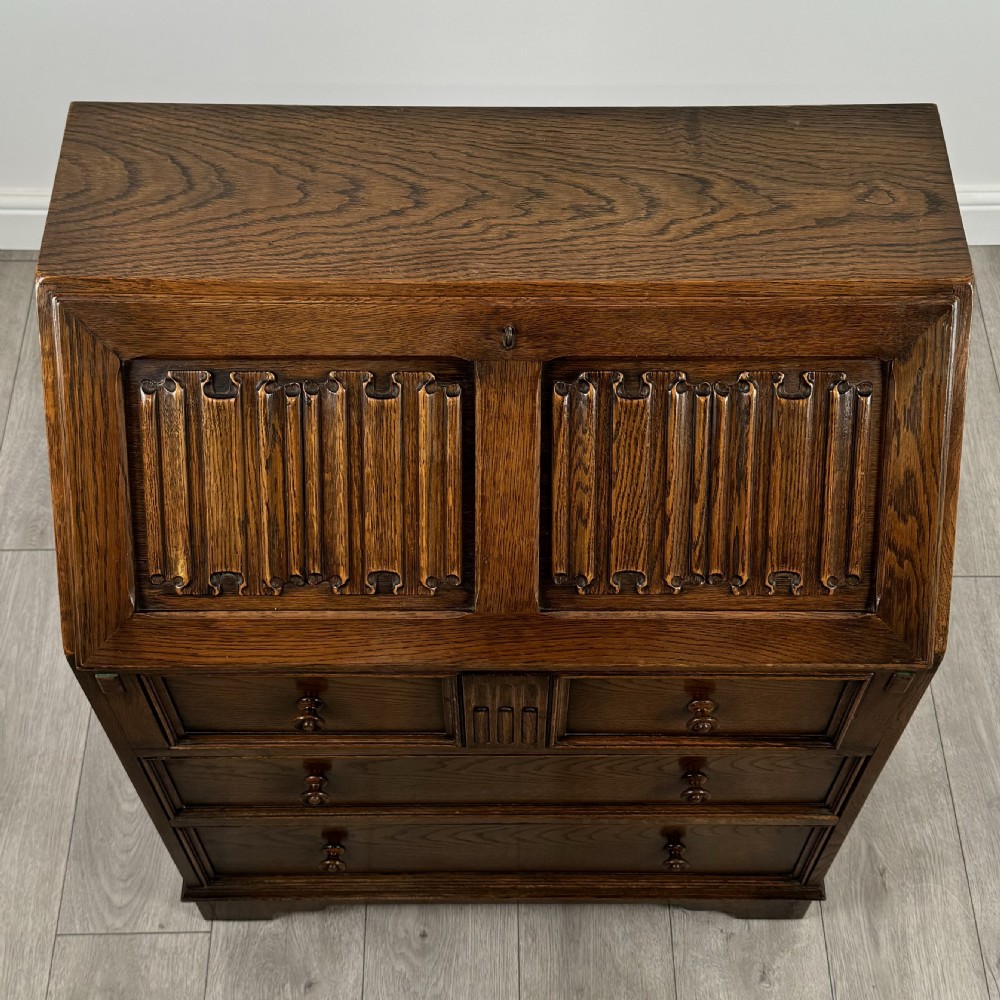 Antique 20th Century Linenfold Bureau In Oak  View X
