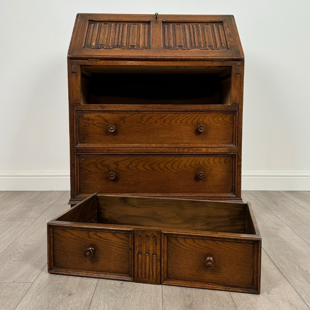Antique 20th Century Linenfold Bureau In Oak  View XII