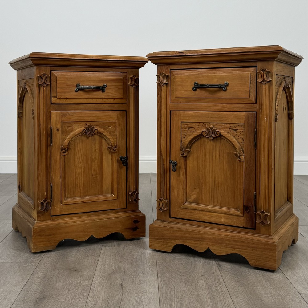 Vintage 20th Century Pair Of Gothic Style Bedside Cabinets 