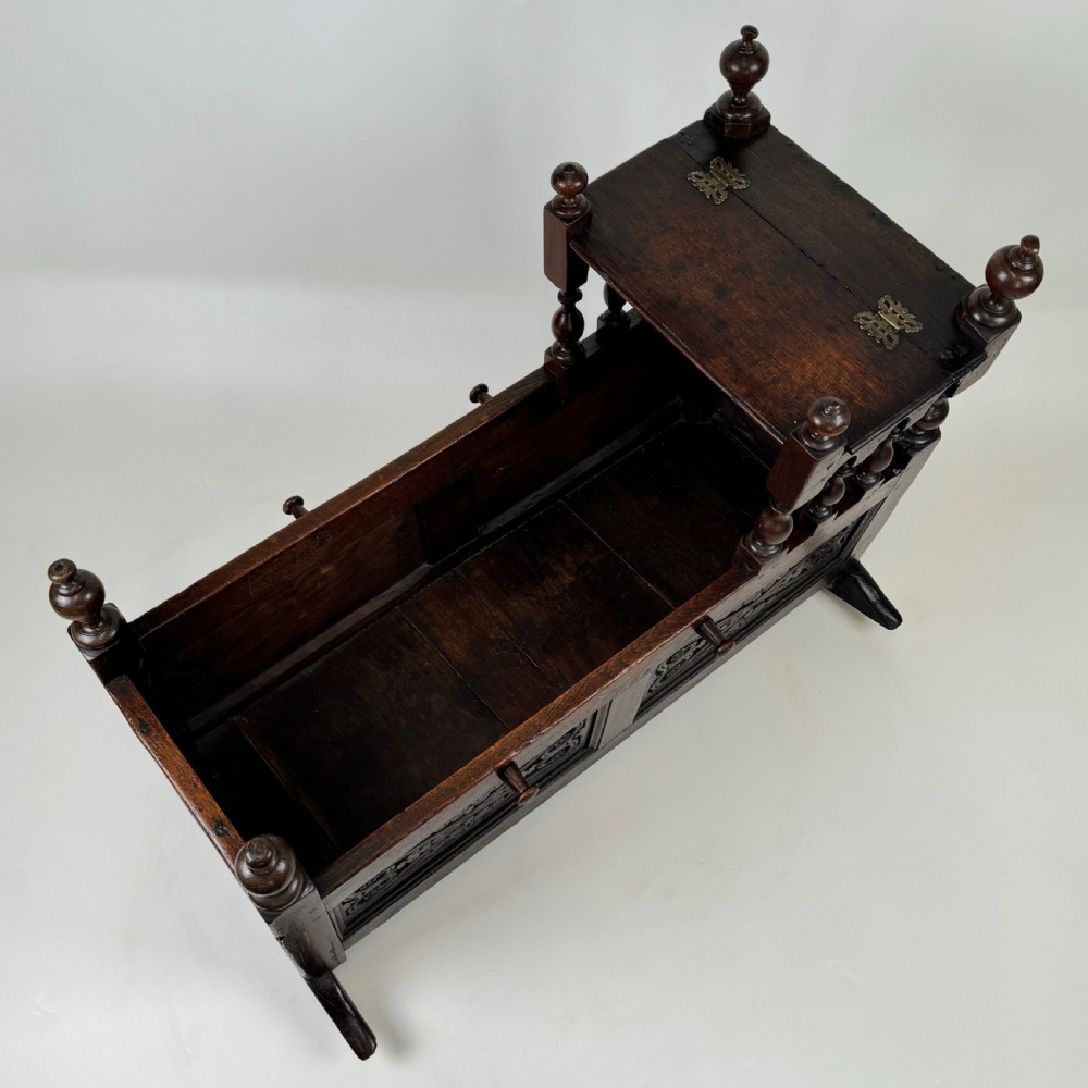 Antique 19th Century Rare Carved Oak Cradle  View XII