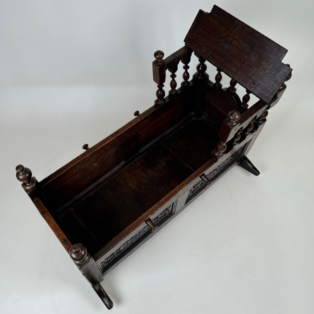 Antique 19th Century Rare Carved Oak Cradle  View XIII