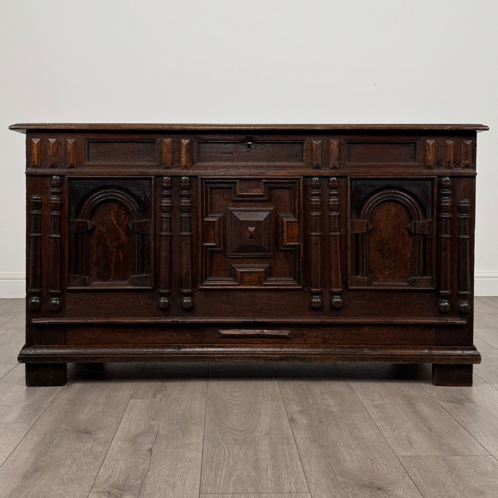  Antique 18th Century Jacobean Mule Chest In Oak