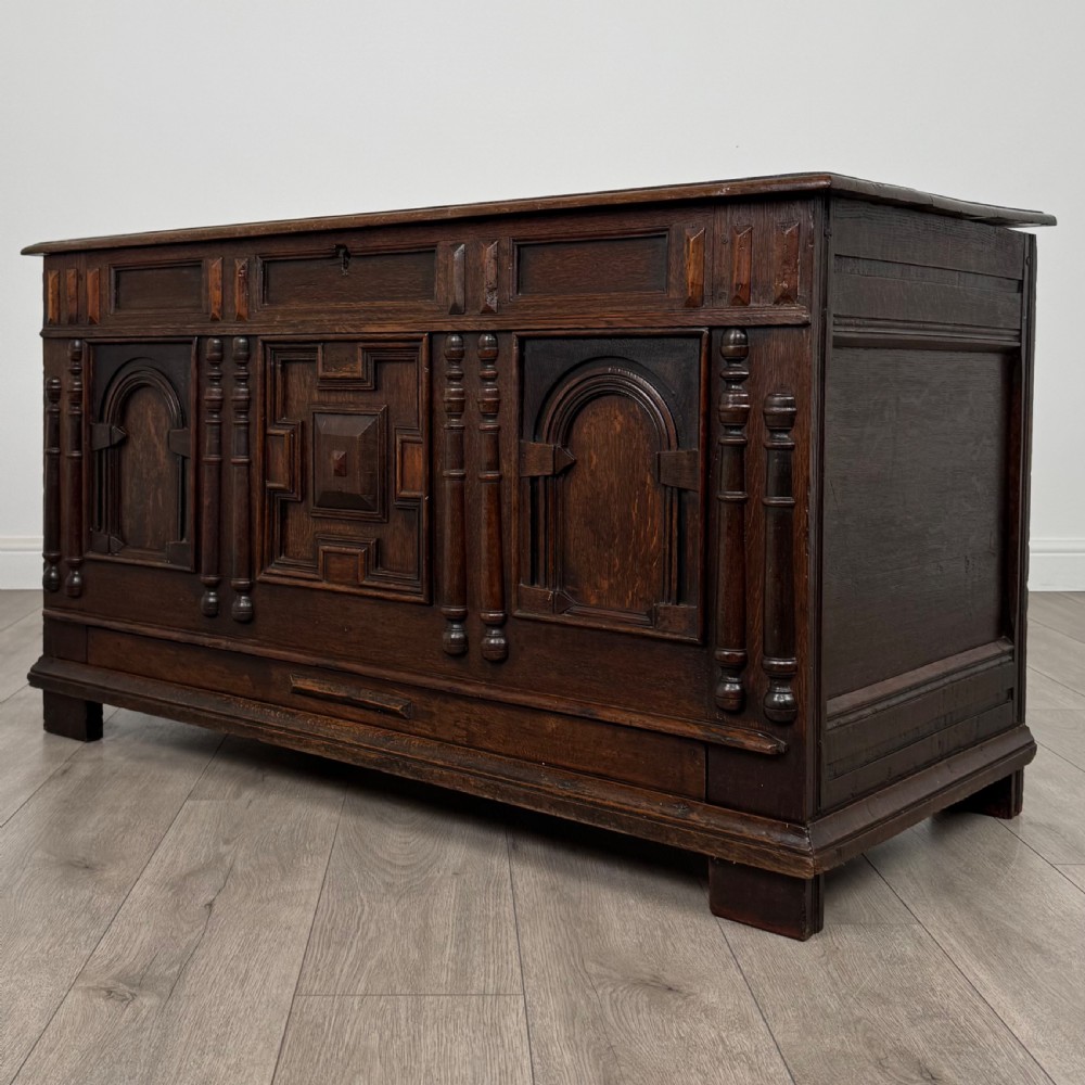  Antique 18th Century Jacobean Mule Chest In Oak View II