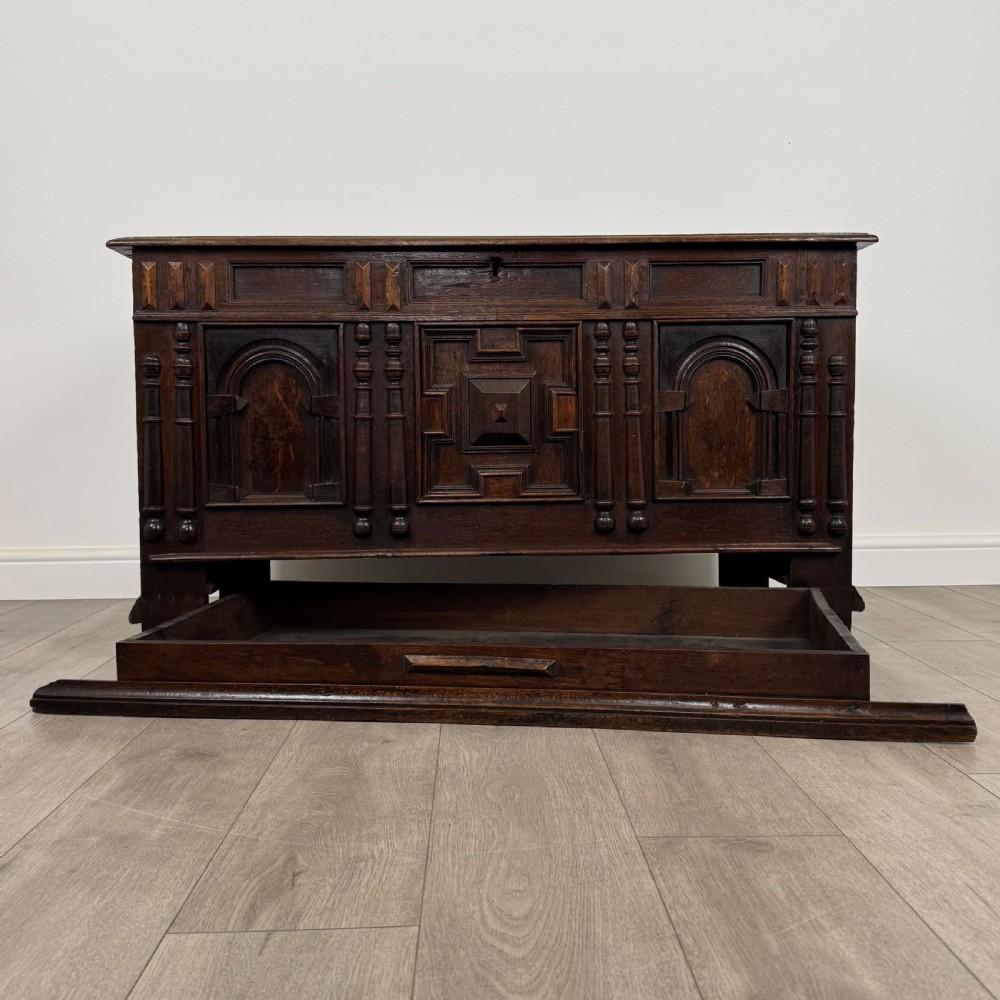  Antique 18th Century Jacobean Mule Chest In Oak View XII