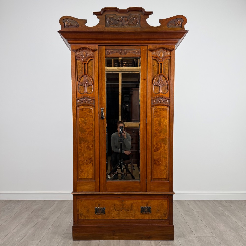 Antique 20th Century Art Nouveau Style Wardrobe In Burr Walnut 