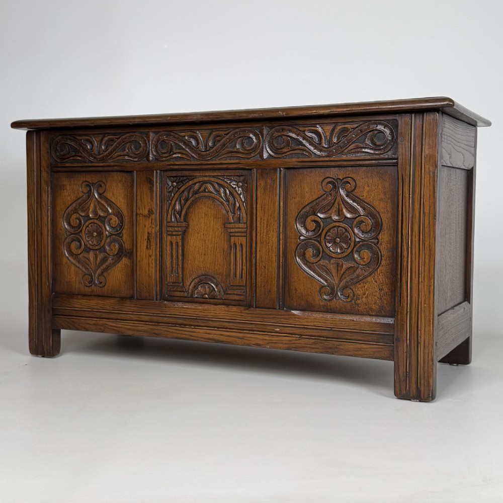  Antique 20th Century Good Quality Carved Oak Blanket Box  View II