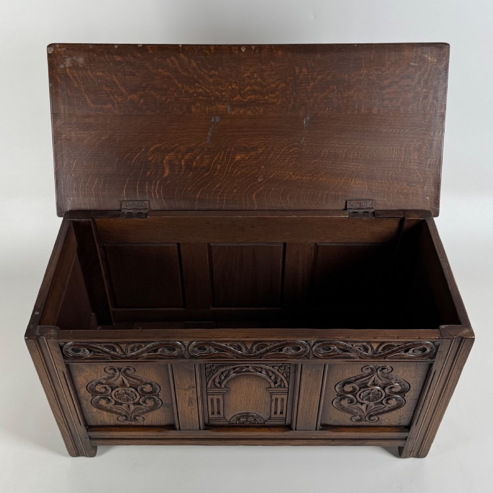  Antique 20th Century Good Quality Carved Oak Blanket Box  View X