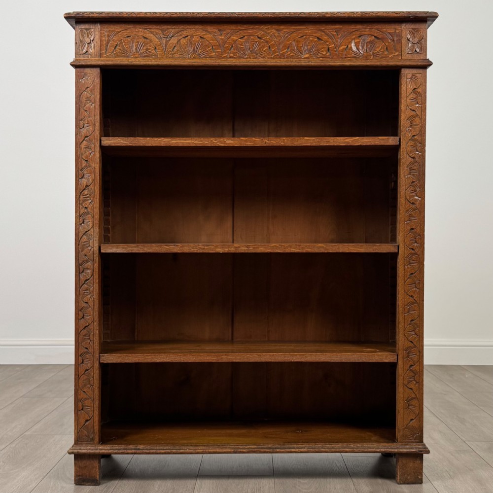  Antique 19th Century Carved Oak Open Bookcase  View II