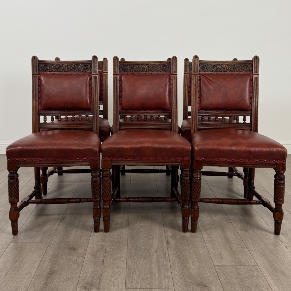 Antique 19th Century Set Of 6 Walnut Dining Chairs 