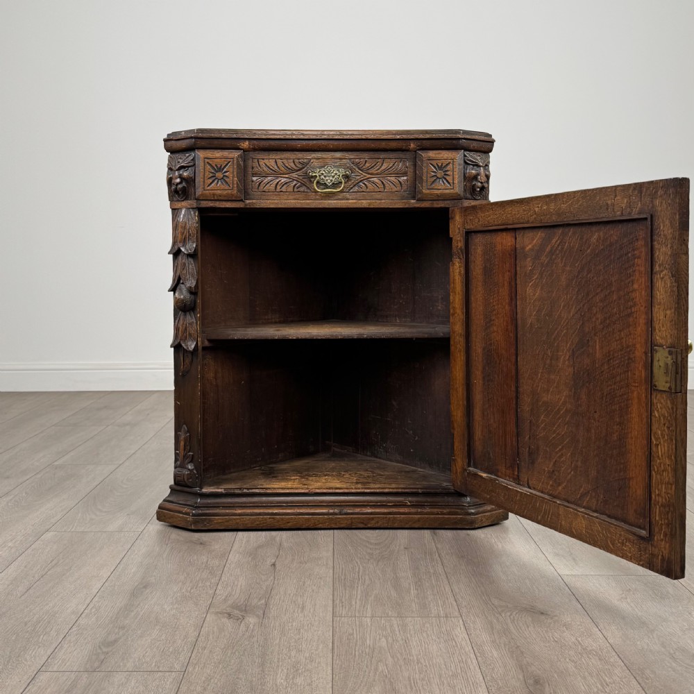 Antique 19th Century Small Carved Oak Corner Cabinet  View II