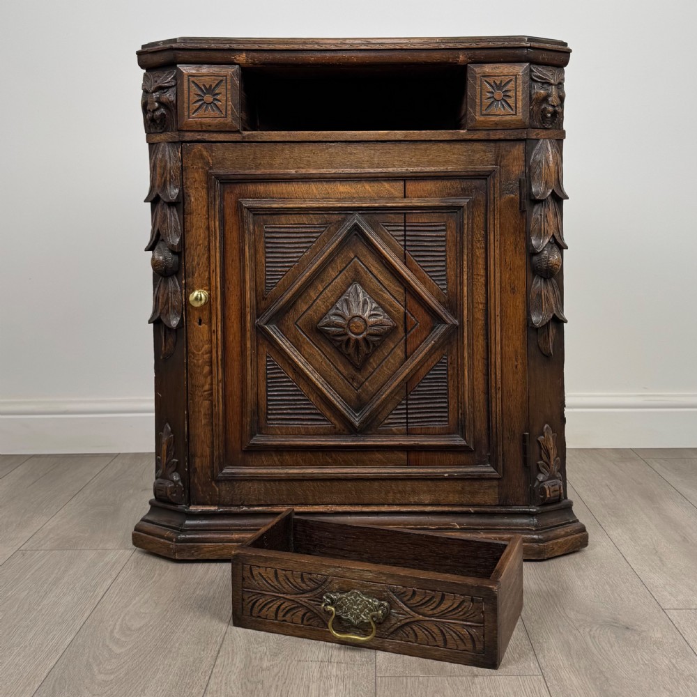 Antique 19th Century Small Carved Oak Corner Cabinet  View V