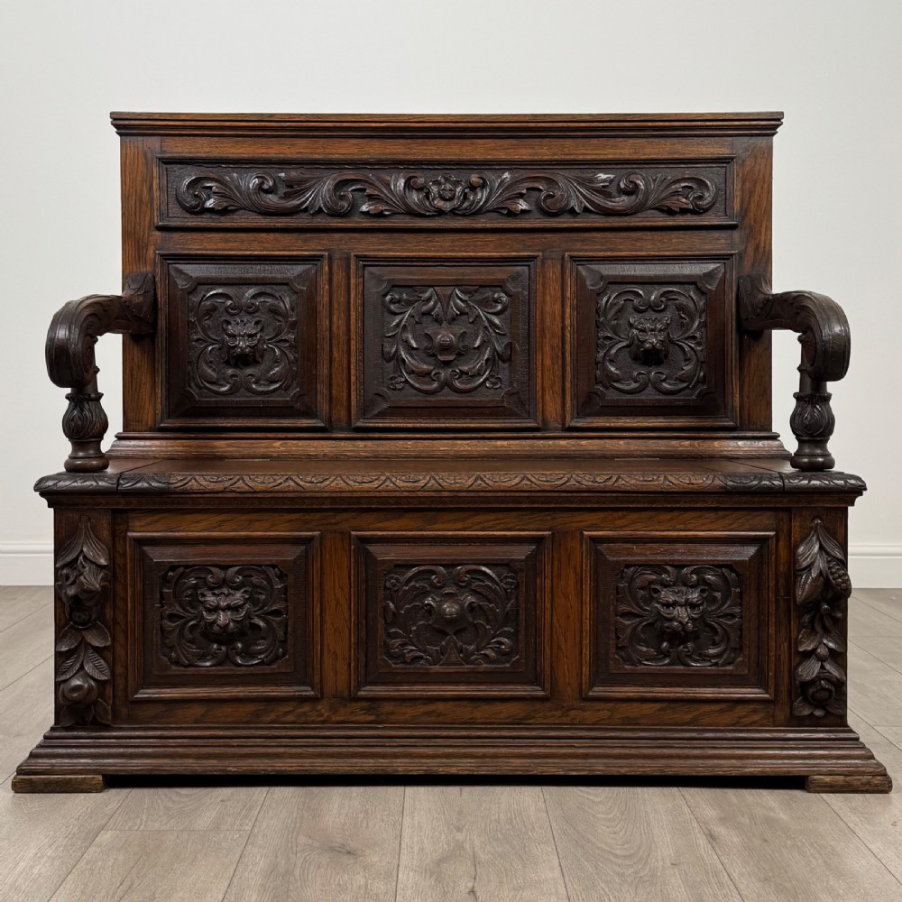 Antique 19th Century Fine Quality Carved Oak Settle 