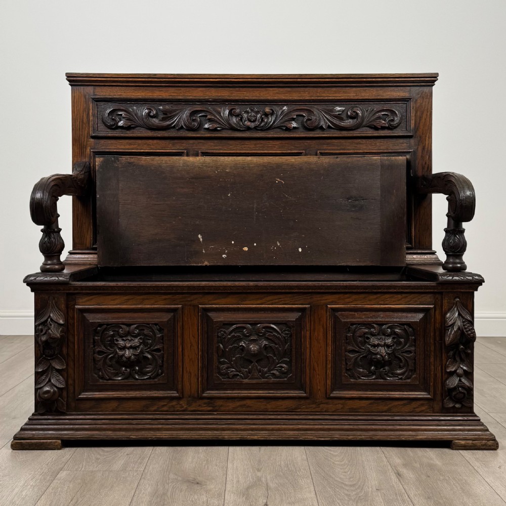 Antique 19th Century Fine Quality Carved Oak Settle  View II