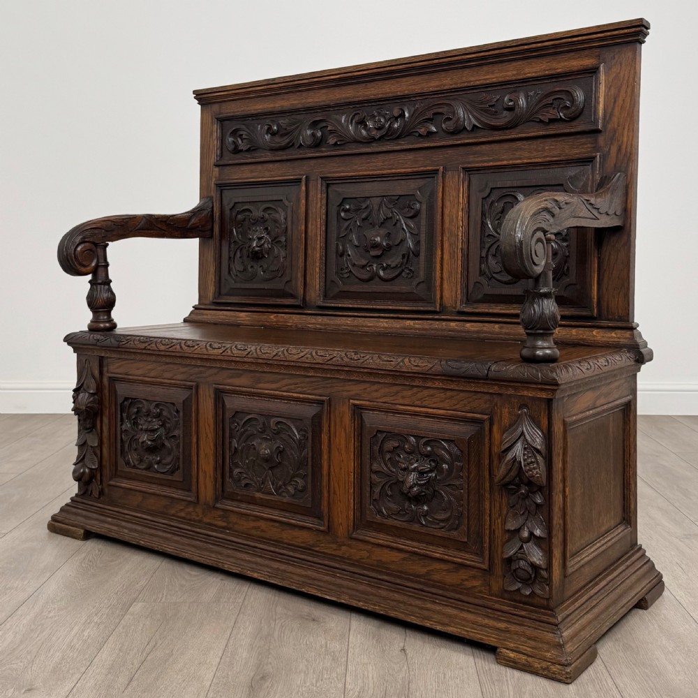 Antique 19th Century Fine Quality Carved Oak Settle  View III