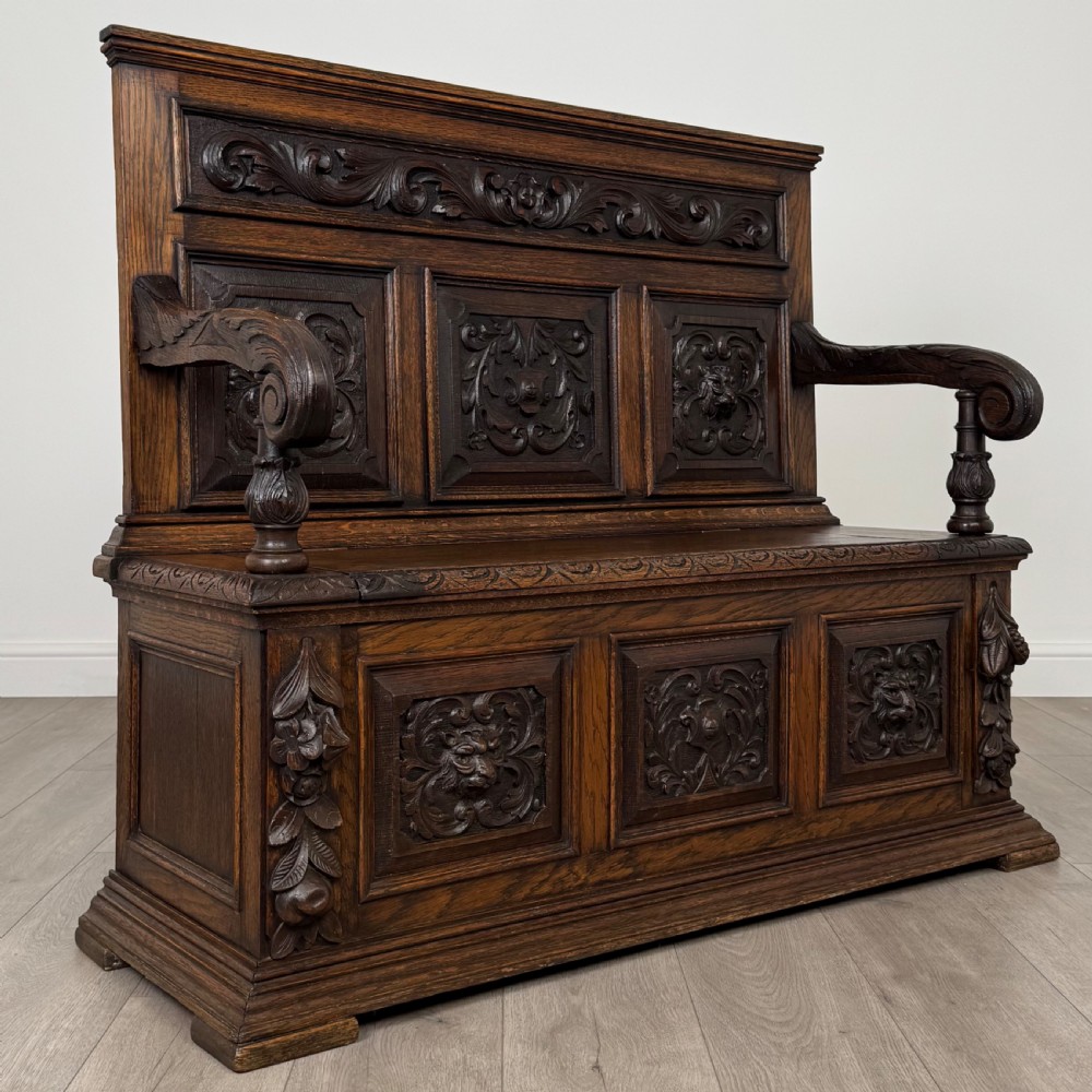 Antique 19th Century Fine Quality Carved Oak Settle  View IX