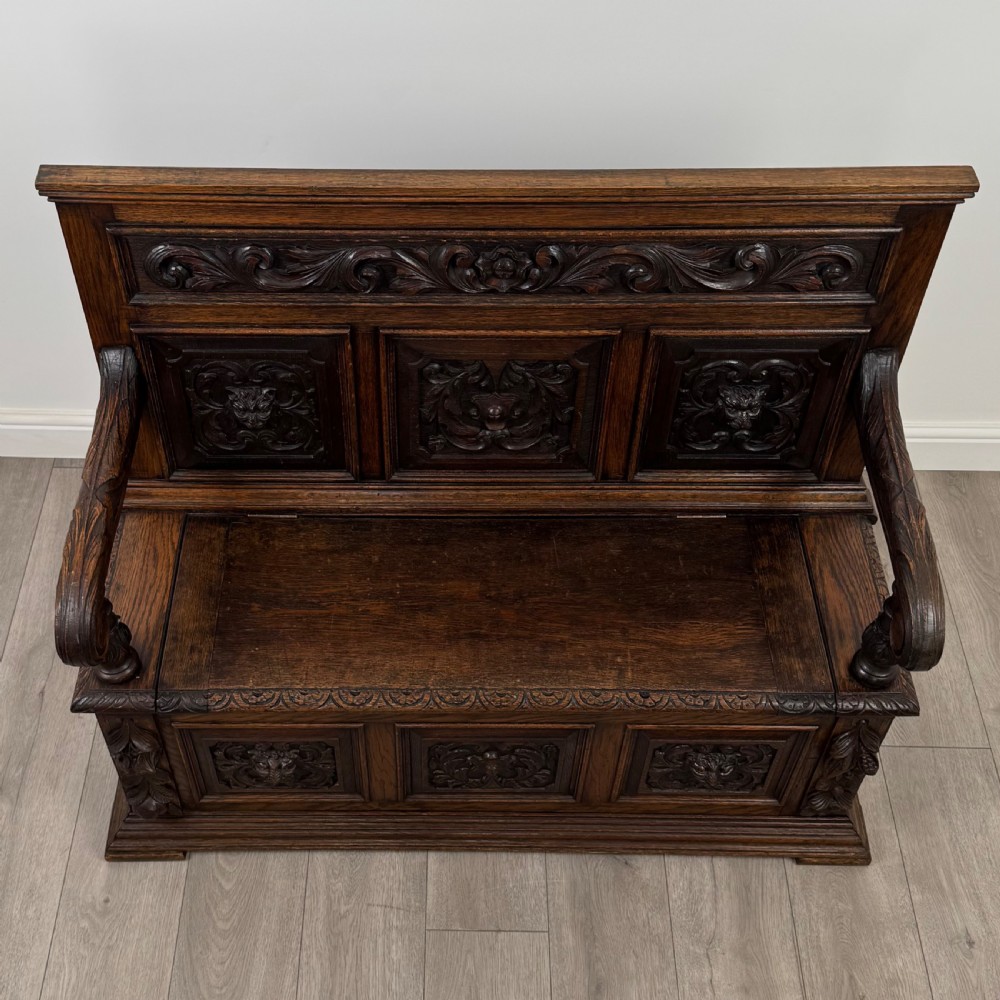 Antique 19th Century Fine Quality Carved Oak Settle  View X