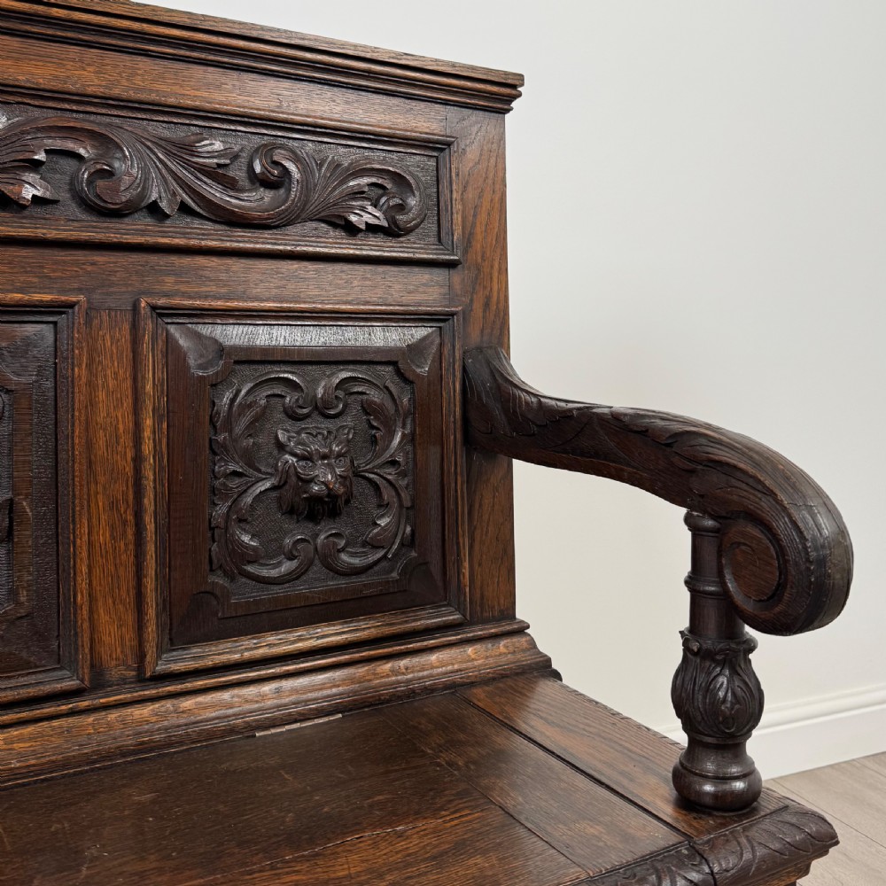 Antique 19th Century Fine Quality Carved Oak Settle  View XII