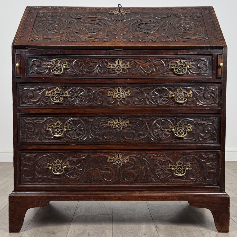  Antique 18th Century Heavily Carved Oak Bureau 