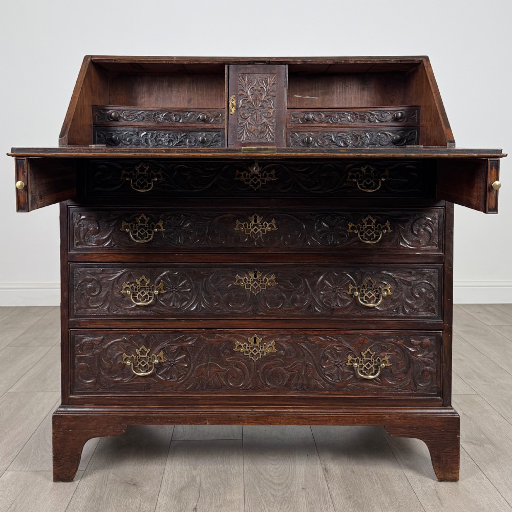  Antique 18th Century Heavily Carved Oak Bureau  View II