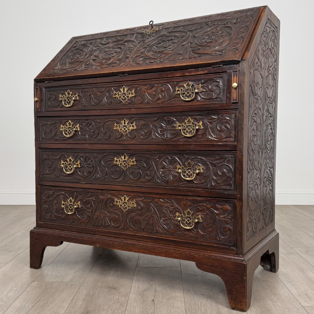  Antique 18th Century Heavily Carved Oak Bureau  View III