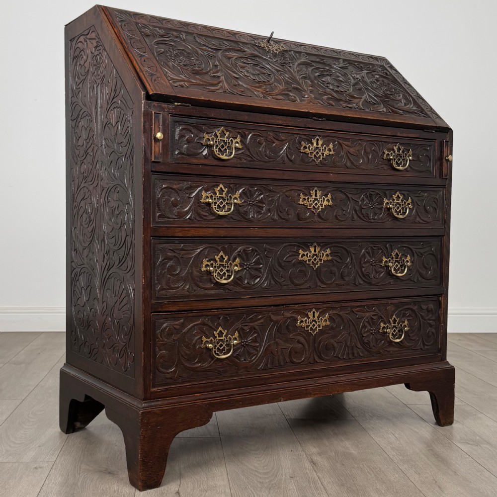  Antique 18th Century Heavily Carved Oak Bureau  View IX
