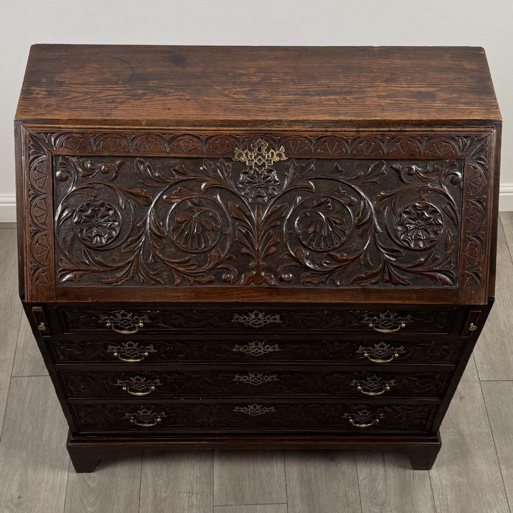  Antique 18th Century Heavily Carved Oak Bureau  View X