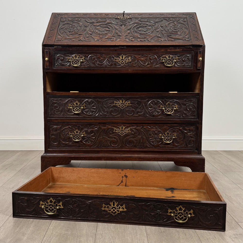  Antique 18th Century Heavily Carved Oak Bureau  View XII
