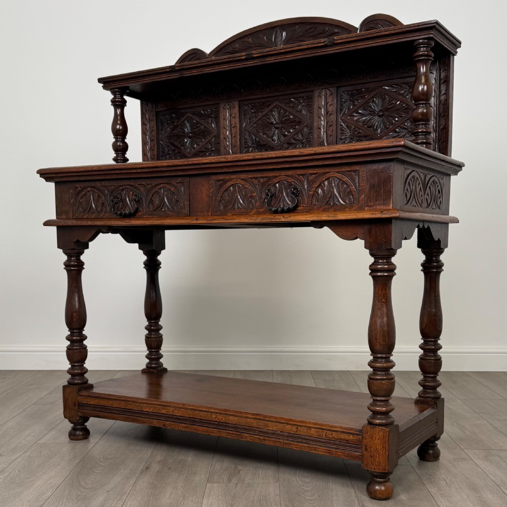 Antique 19th Century Heavily Carved Oak Side Table  View II