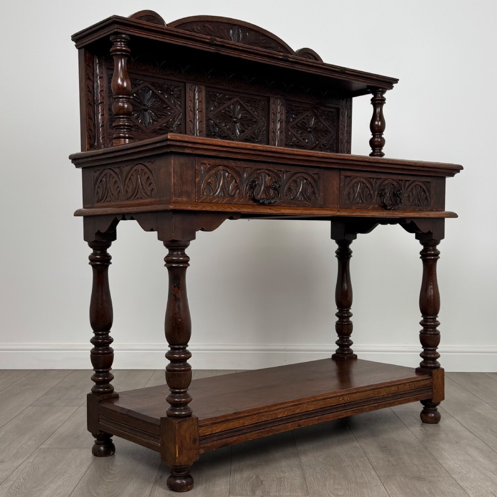 Antique 19th Century Heavily Carved Oak Side Table  View VIII