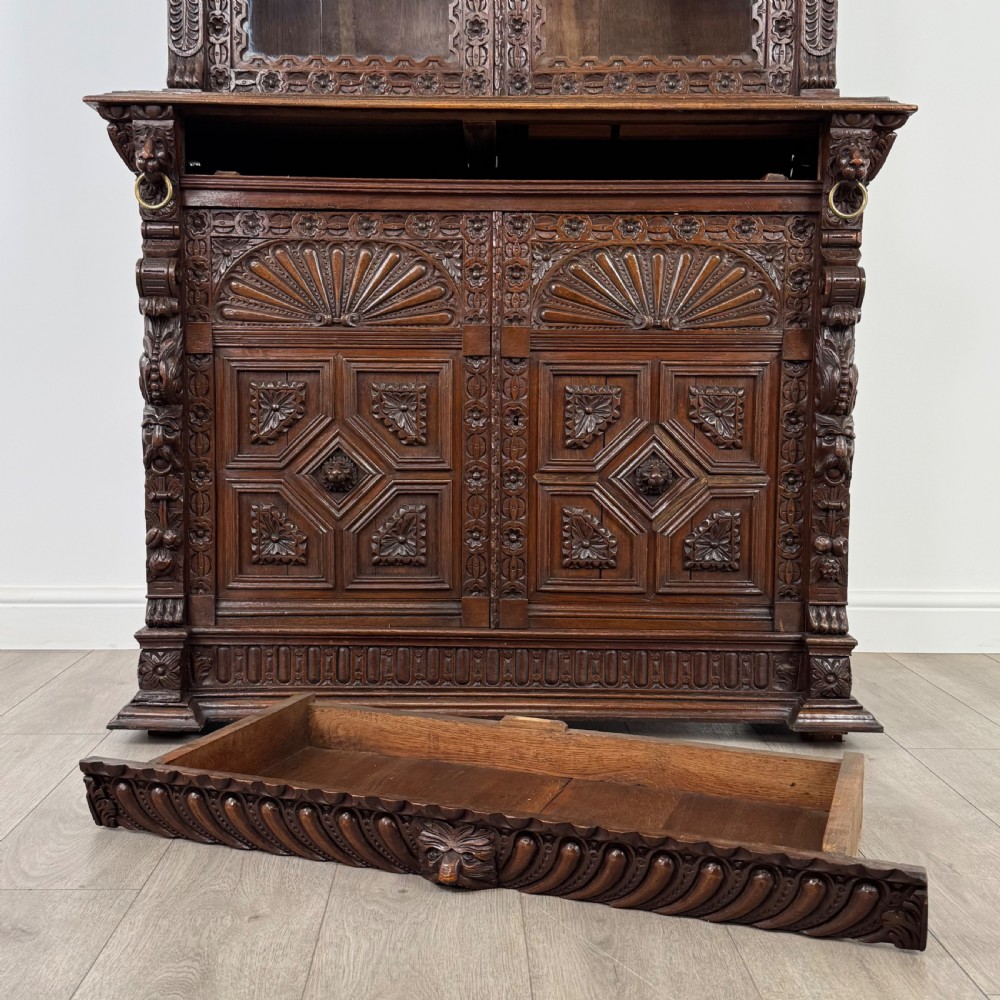 Antique 19th Century Renaissance Revival Bookcase In Oak  View XII