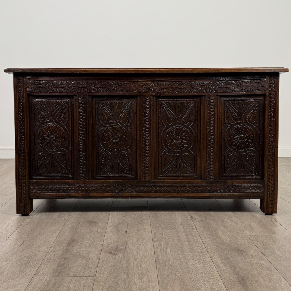 Antique 18th Century Good Quality Carved Oak Coffer 