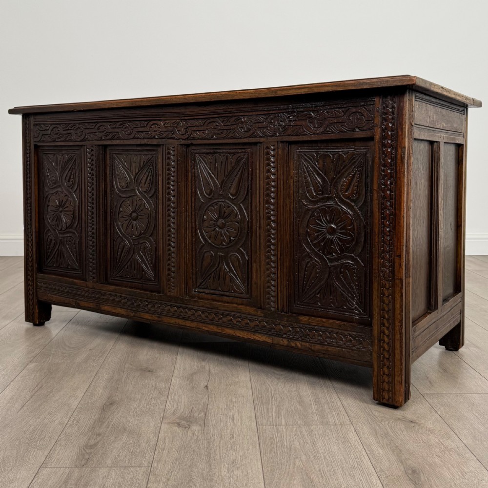 Antique 18th Century Good Quality Carved Oak Coffer  View II