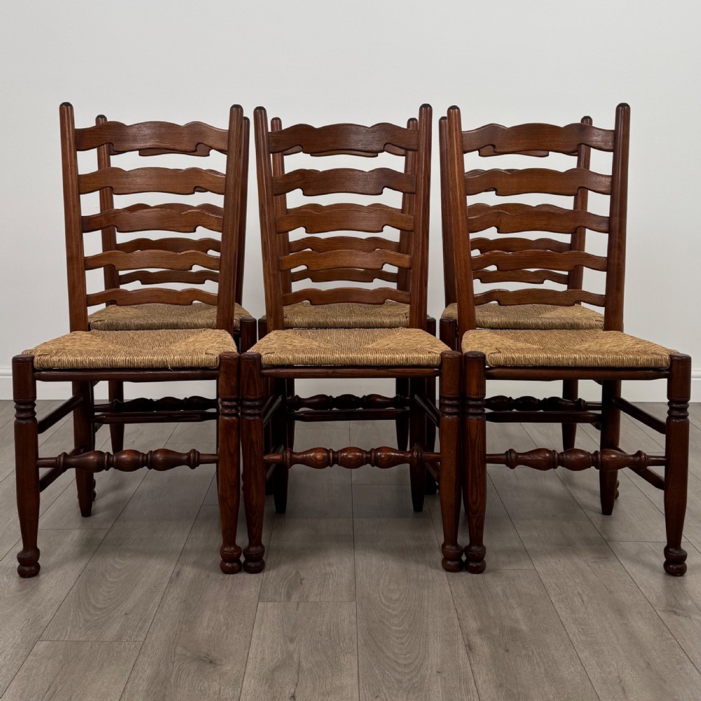 Antique 20th Century Set Of 6 Oak Ladder Back Dining Chairs 