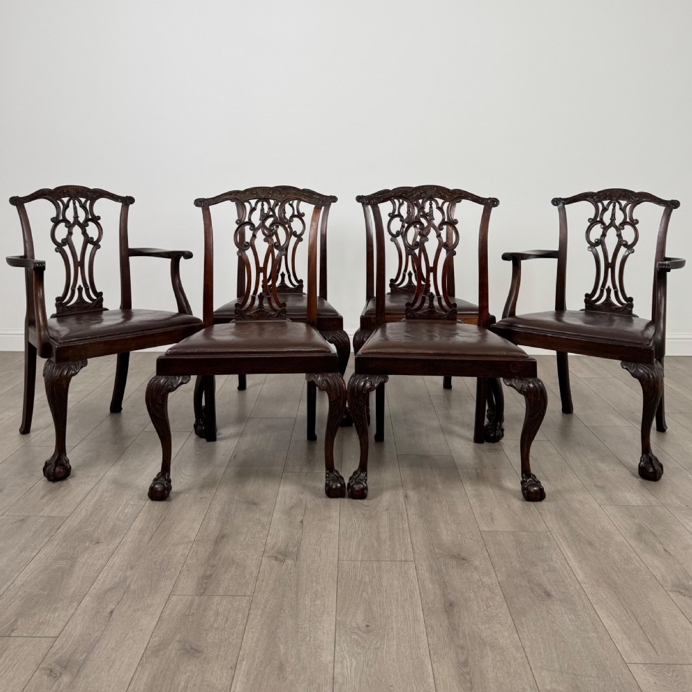 Antique 19th Century Set Of 6 Chippendale Style Dining Chairs 