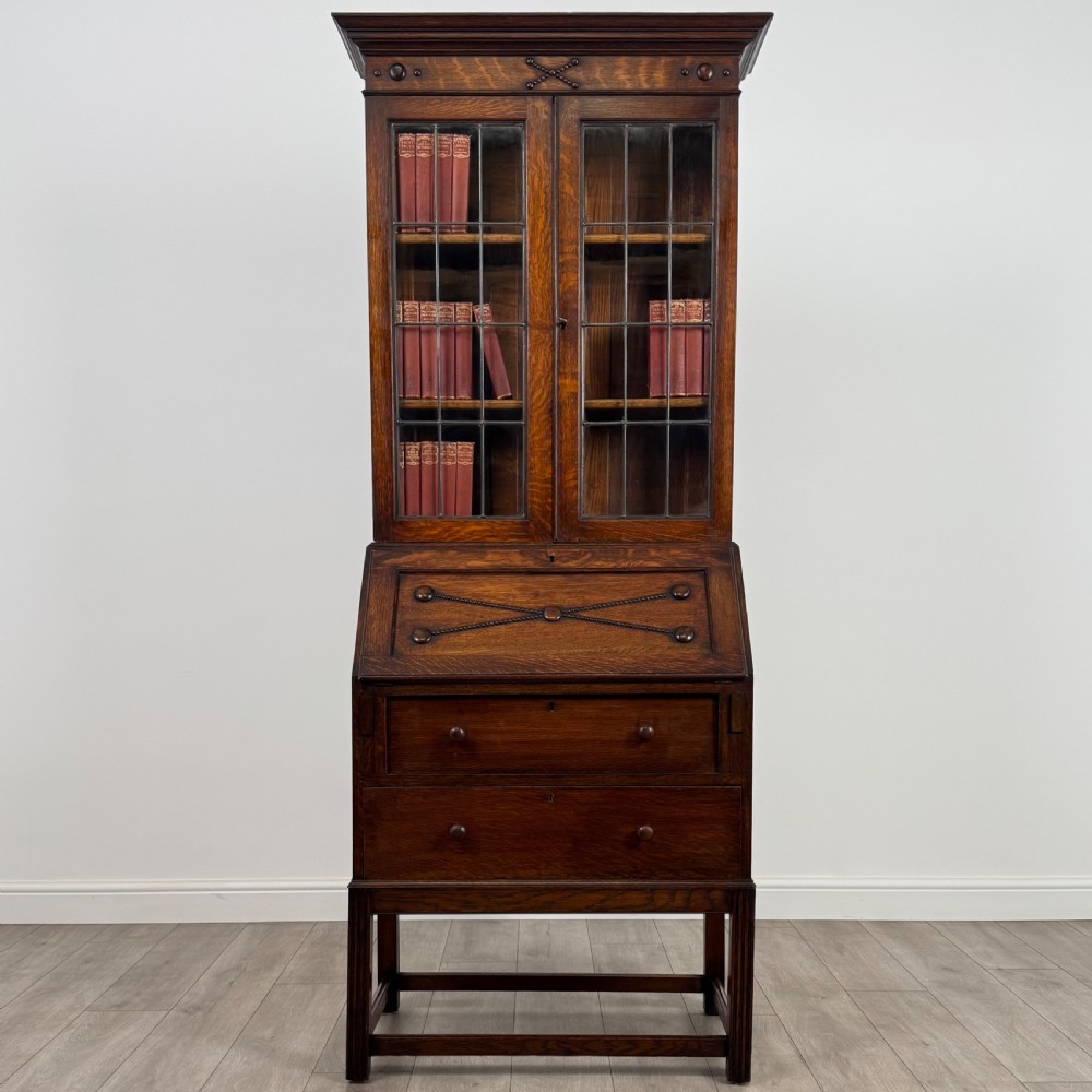 Antique 20th Century Jacobean Style Bureau Bookcase In Oak