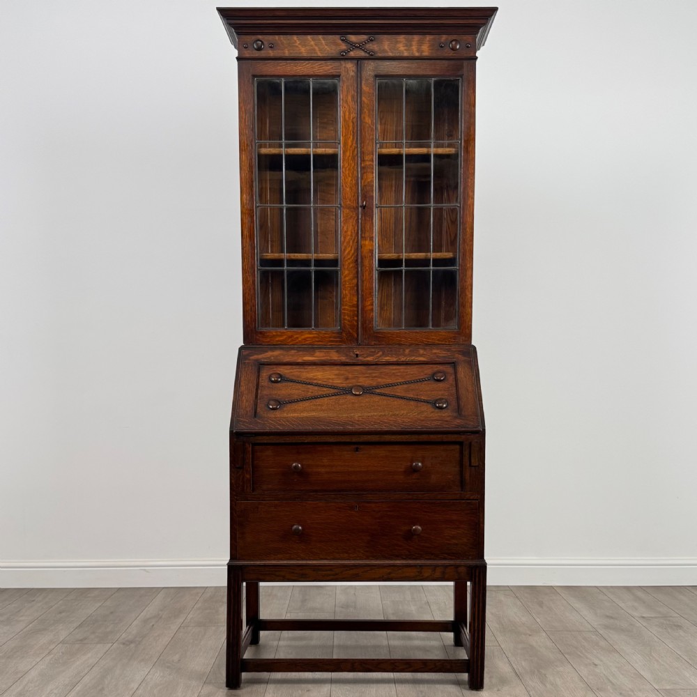 Antique 20th Century Jacobean Style Bureau Bookcase In Oak View II