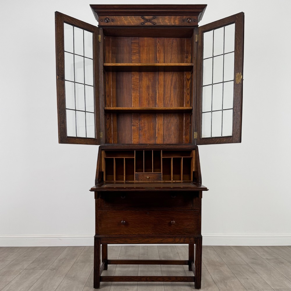 Antique 20th Century Jacobean Style Bureau Bookcase In Oak View III