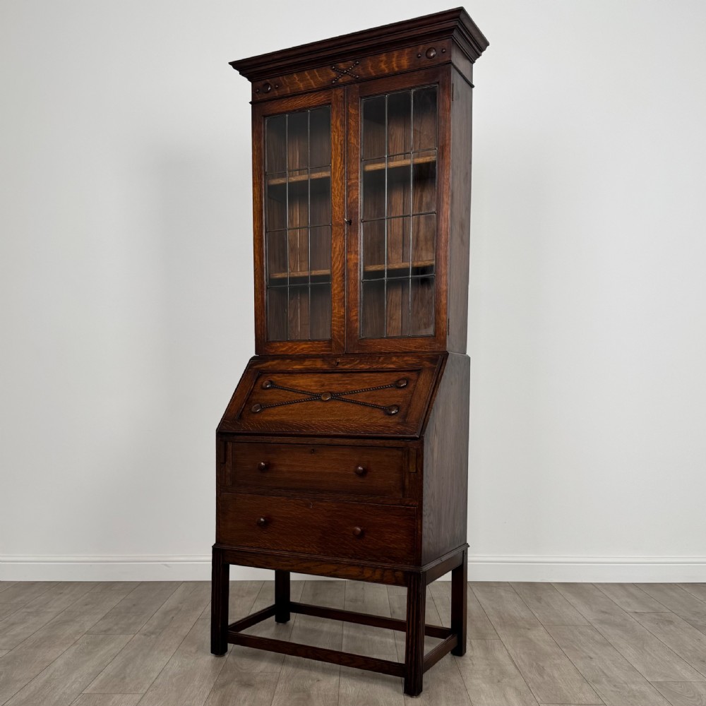 Antique 20th Century Jacobean Style Bureau Bookcase In Oak View IV